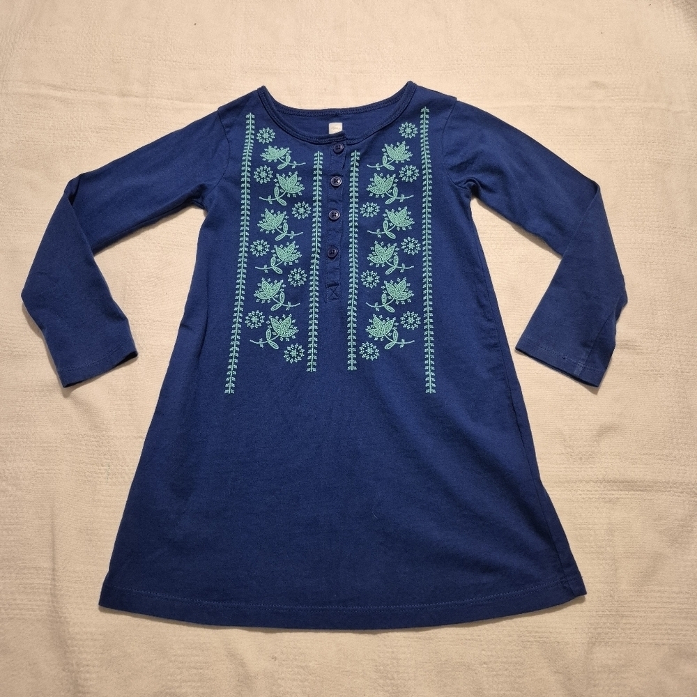 Tea Collection girls size 4 blue henley dress blue and teal